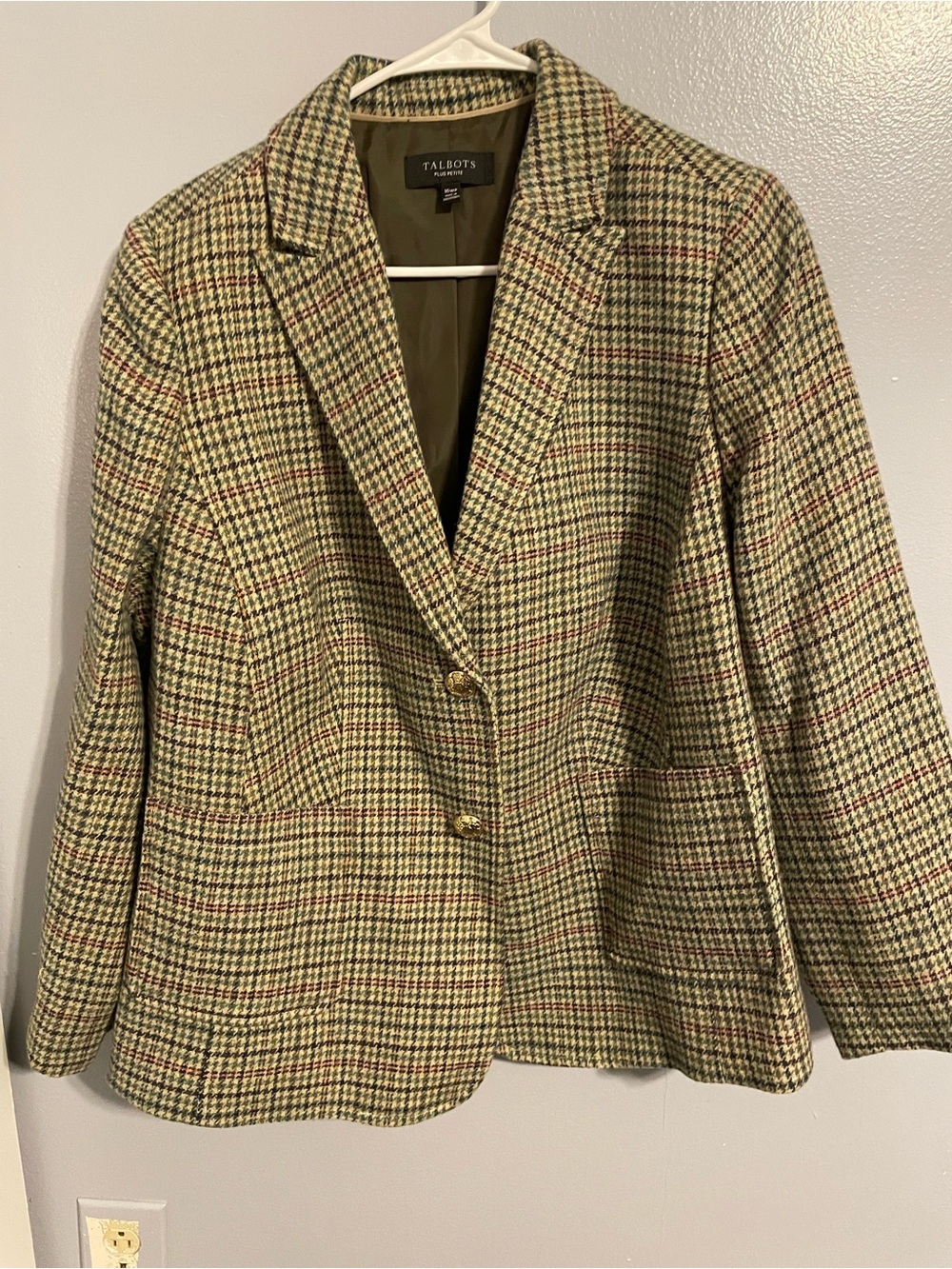 Talbots Olive and Tan Houndstooth Blazer